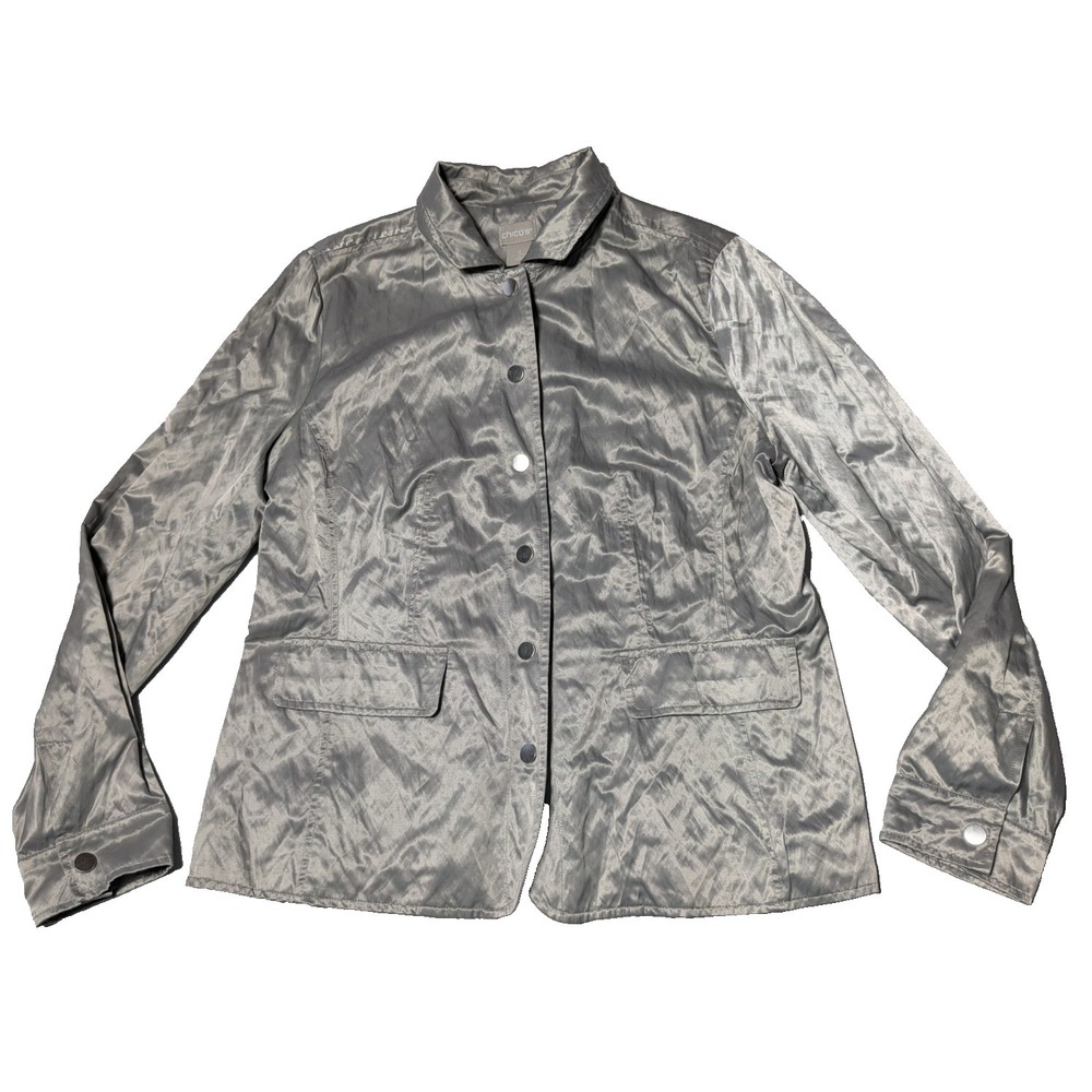 CHICOS Utility Blazer Glistening Gray Metallic Jacket - Women 0 US Small 4/6 NEW
